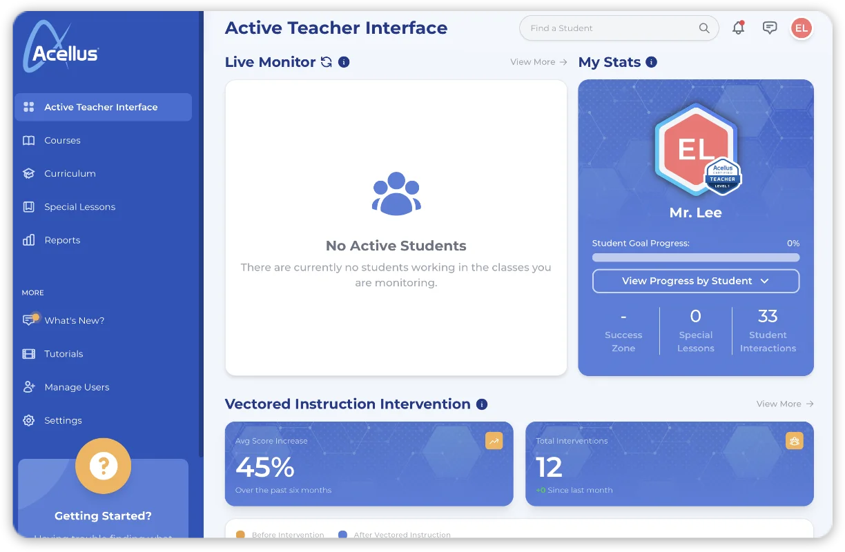 7-Teacher Interface Screen The Active Teacher Interface, is where you monitor and manage students in the Acellus system.