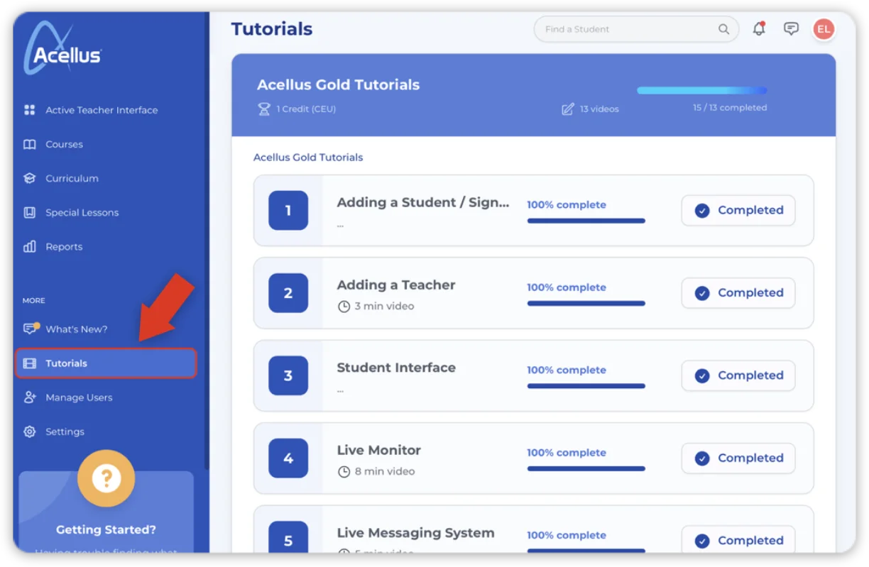 8-Teacher Interface-Tutorials The Acellus Teacher Tutorials are available through the Teacher Interface.