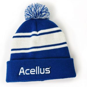 A striped white and blue Acellus Beanie