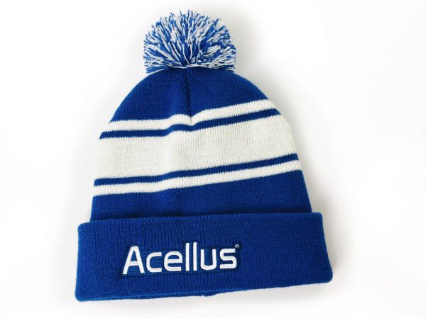 A striped white and blue Acellus Beanie